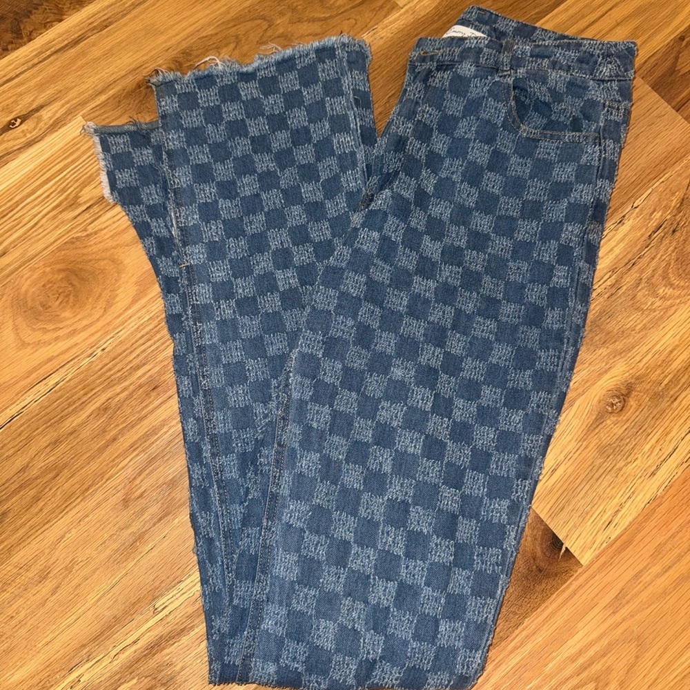 Emory Park Blue Checkered Flare Jeans